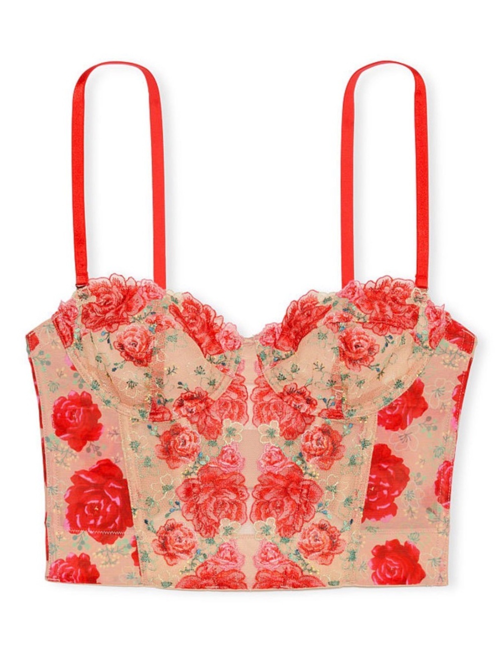Victoria’s Secret Dream Angels Floral Lace Longline Bustier Crop Top Tomato Red